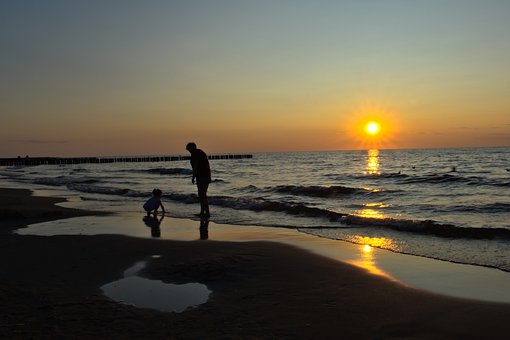 Hav, Strand, Solnedgang, Barn, Familie
