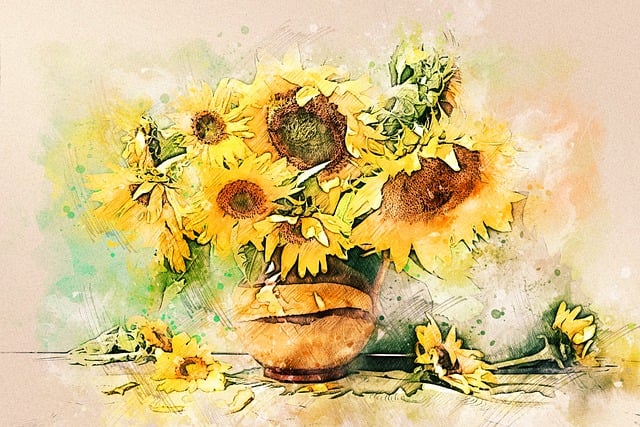 Stilleben, Solblomster, Vase, Maleri