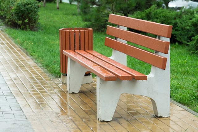 Bank, Sommer, Regen, Park, Draußen