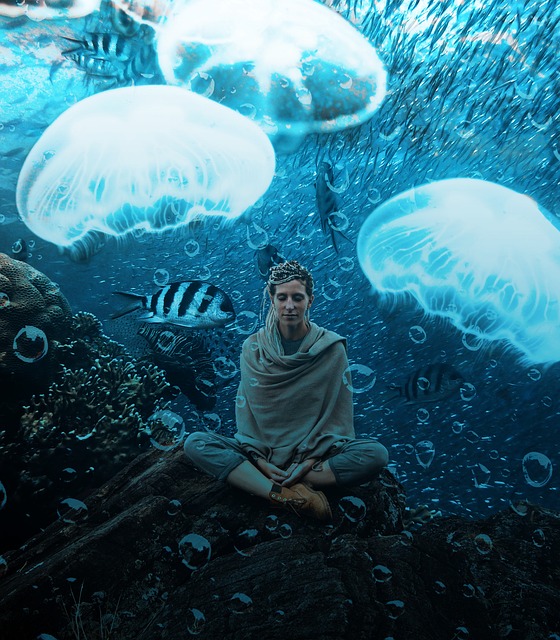Meditation, Unterwasser, Wasser, Fische