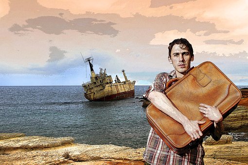 Man, Koffer, Schipbreuk, Schip, Zee