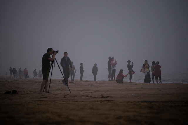 China, Rizhao, Strand, Menschen, Nebel