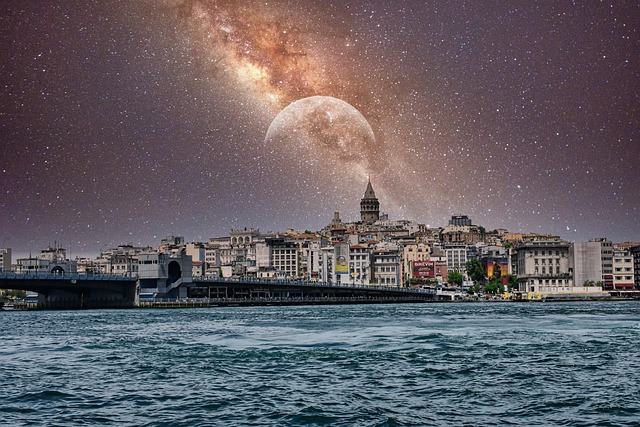 Edificios, Ciudad, Lago, Luna, Estrellas