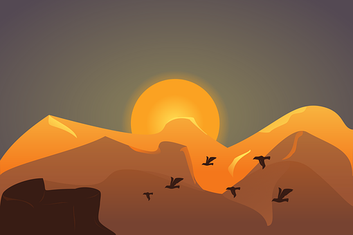 Bergen, Landschap, Zonsondergang, Vogels