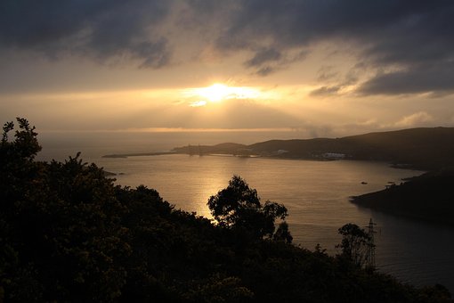 Solnedgang, Hav, Skov, Skyer, Natur