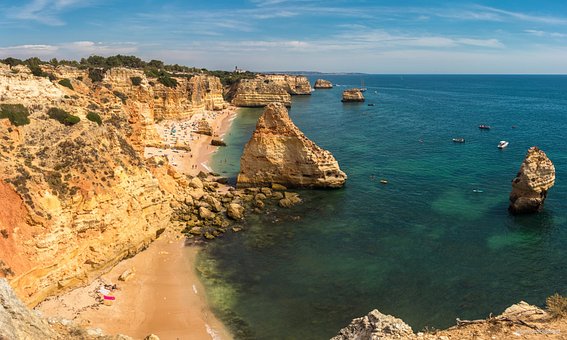 Pláž, Algarve, Moře, Skála, Písek, Costa