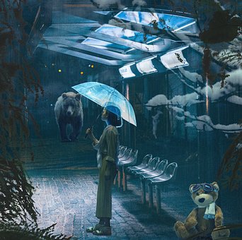 Mädchen, Kind, Regenschirm, Teddybär