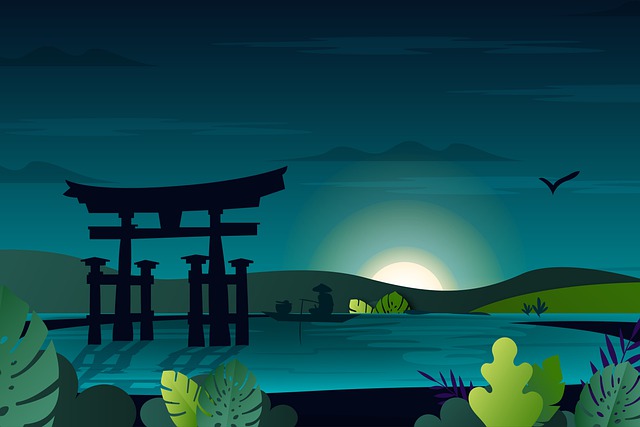 Free lake fishing torii illustration