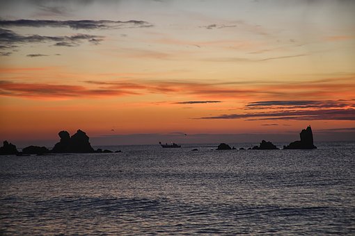 Meer, Ozean, Felsen, Sonnenuntergang