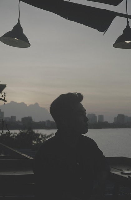 man, silhouette, model, nature, balcony, view, ocean, sea, person