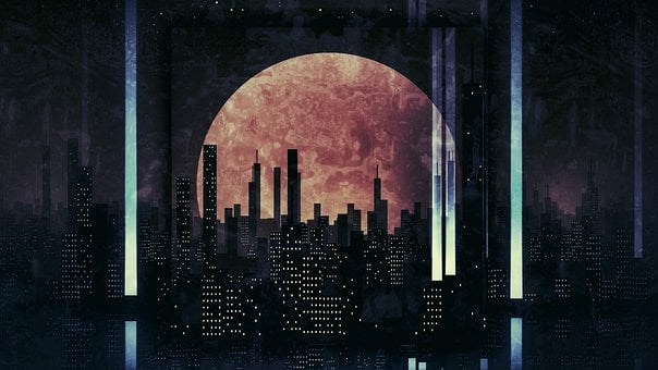 Edificios, Horizonte, Luna, Ciudad