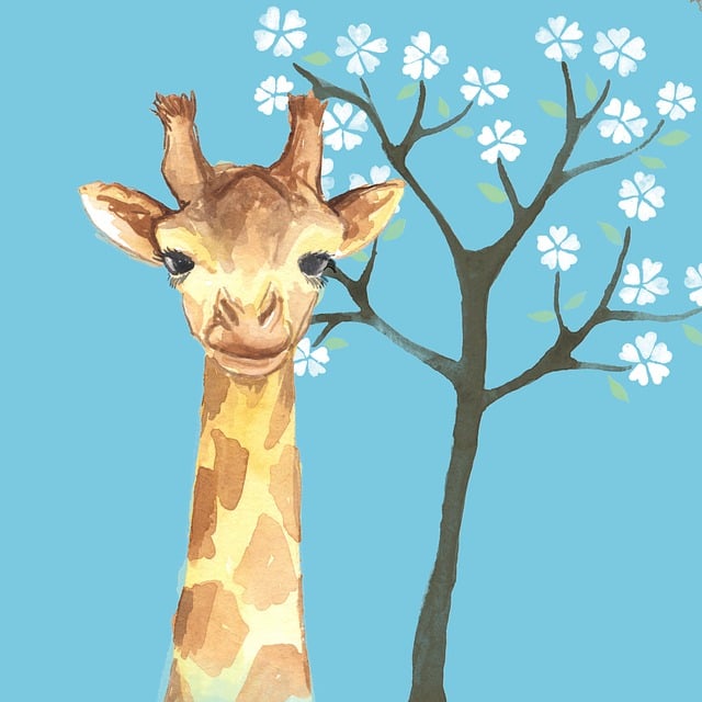 Free giraffe tree flowers illustration