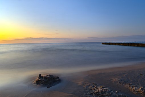 Strand, Solnedgang, Hav, Sand, Horisont