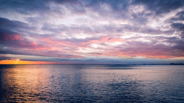 Solnedgang, Hav, Skyer, Horisont, Himmel
