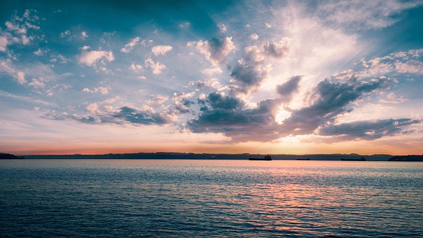 Solnedgang, Hav, Skyer, Horisont, Himmel