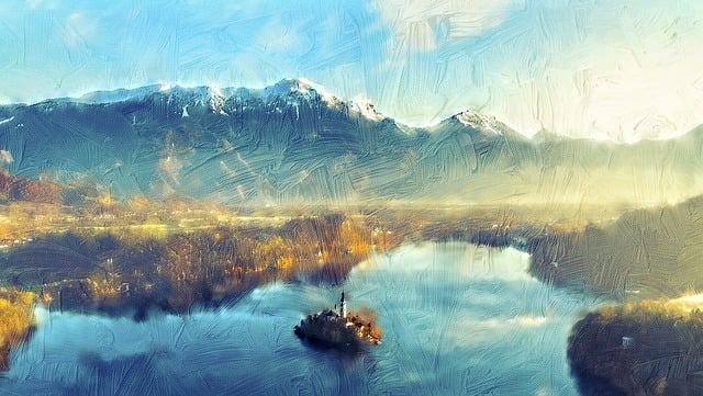 Berge, See, Felder, Bank, Landschaft