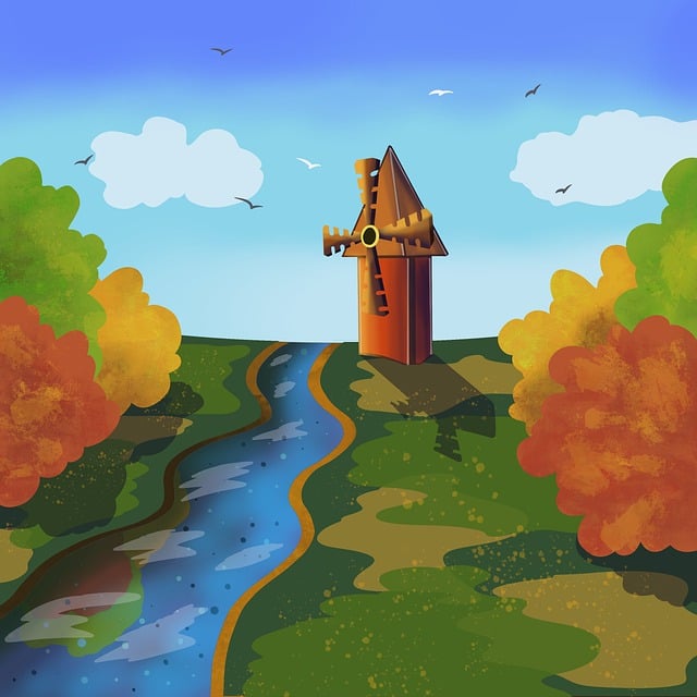 Free windmill river trees illustration