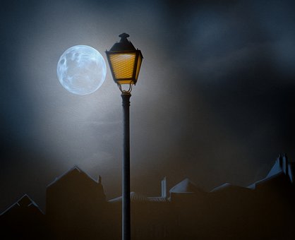 Nat, By, Lampe, Måne, Måneskin, Tåge