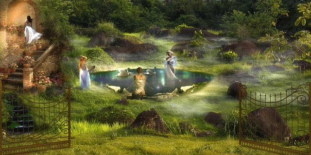 Free women pond swans illustration