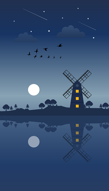 Free windmill night sky moon illustration