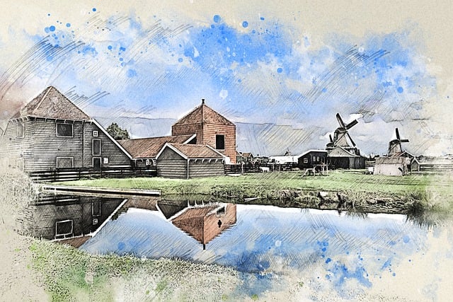 Download free HD stock image of Windmill Farm Free windmill farm river illustration
