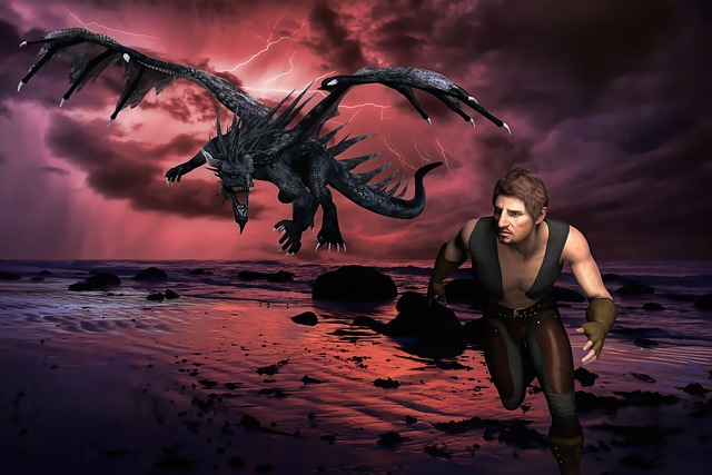 Free scared man dragon illustration