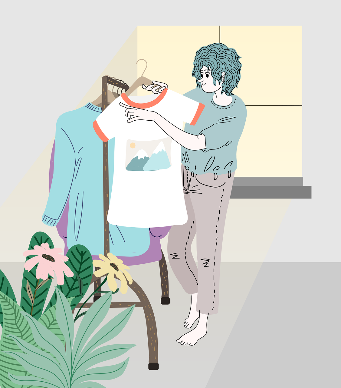 person choosing white t-shirt with mountain design clip art preview