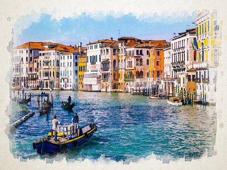 Gondol, Venedig, Akvarel, Tegning, Kunst