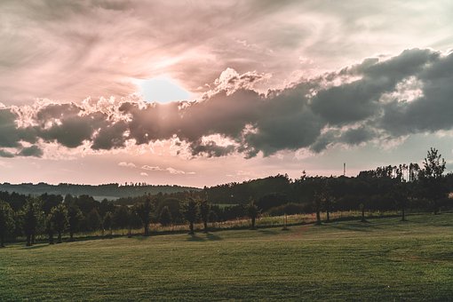 Campos, Arvores, Céu, Nuvens, Sol