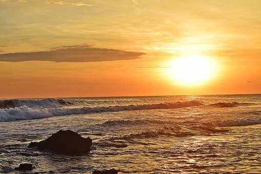 Solnedgang, Strand, Bølger, Hav