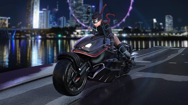 Cyberpunk, Motorfiets, Rijder, Neon
