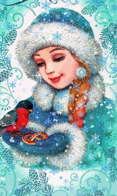 Free girl snow maiden bullfinch illustration