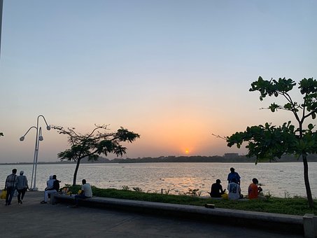 Solnedgang, Innsjø, Lake, Himmel