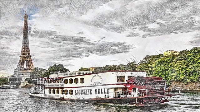 Free eiffel tower river shuffle boat illustration