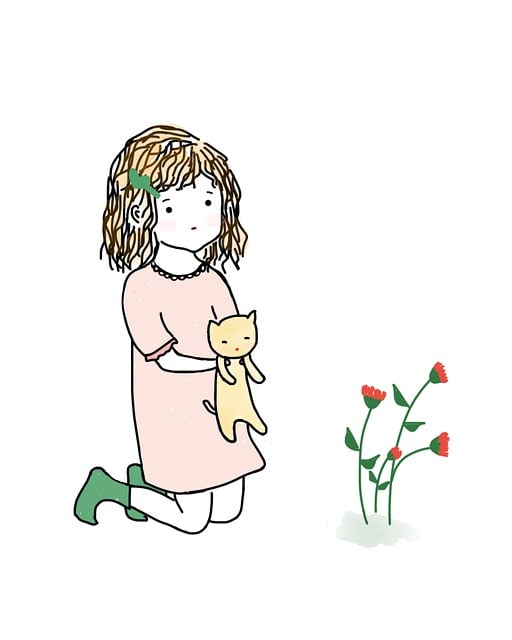 สาว, แมว, ลูกแมว, ดอกไม้, น่ารัก