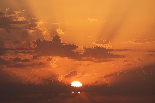 Solnedgang, Orange, Rød, Skyer, Himmel