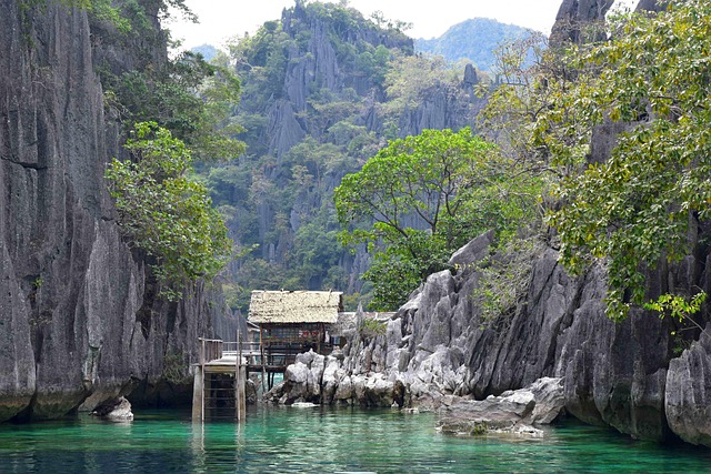 sea, lagoon, rocks, cliffs, mountains, tropical island, travel, tropical, hut, cliff, water, trees, landscape, nature