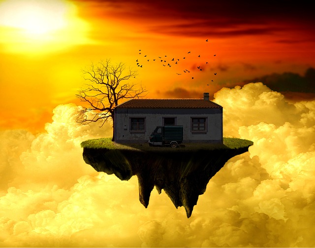 fantasy, island, house, clouds, nature, sky, sunset, sunrise, sun, sunlight, dream, landscape, surreal, fairytale, mystical, flying, floating