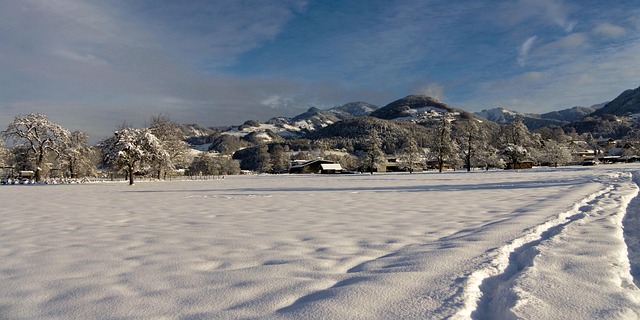 Felt, Sne, Landsby, Bjerge, Vinter