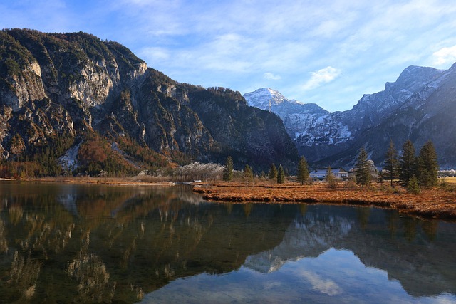 See, Berge, Reflexion, Bank, Bäume