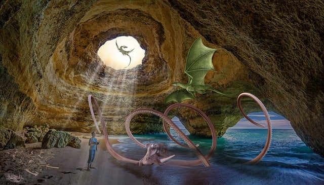 Free dragon octopus beach illustration