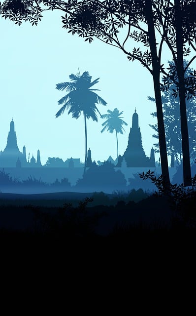 Bäume, Tempel, Nebel, Silhouette, Wiese