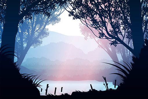 Wald, See, Silhouette, Dämmerung, Nebel