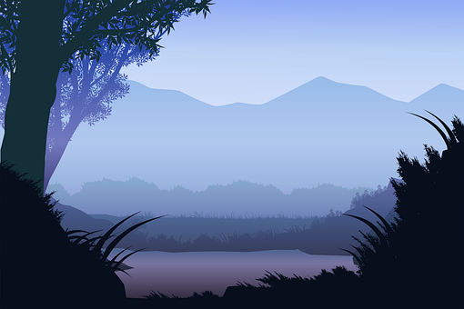 Wald, See, Silhouette, Dämmerung, Nebel
