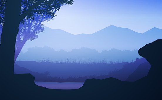 Felsen, Bank, See, Silhouette, Dämmerung