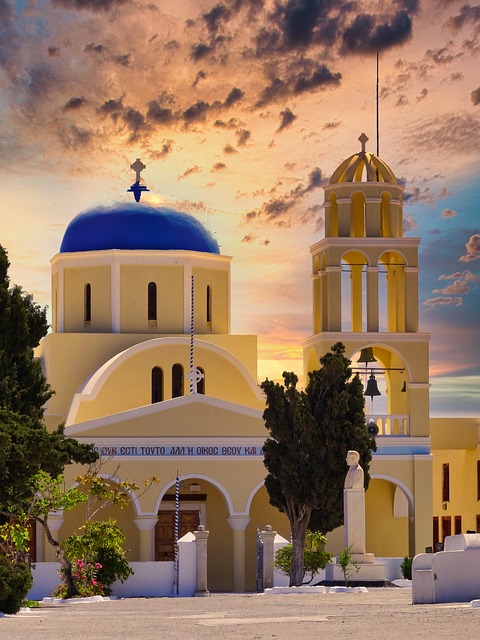 santorini, nature, santorin, church, architecture, facade, building, dome, orthodox, sunset, eve, dramatic, evening sky, oia, cyclades, greece