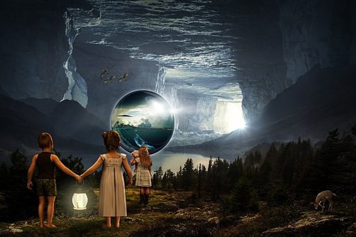 Fantasi, Kinder, Landschaft, Berg, Se