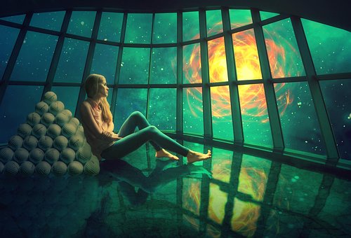 Mujer, Ventana, Cosmos, Niña, Universo