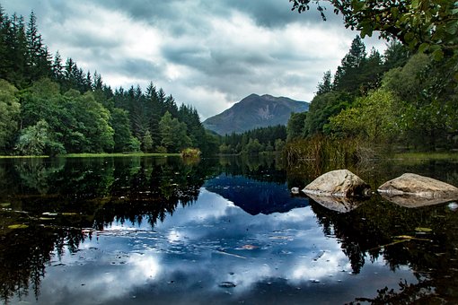 See, Bäume, Wald, Berge, Lochan