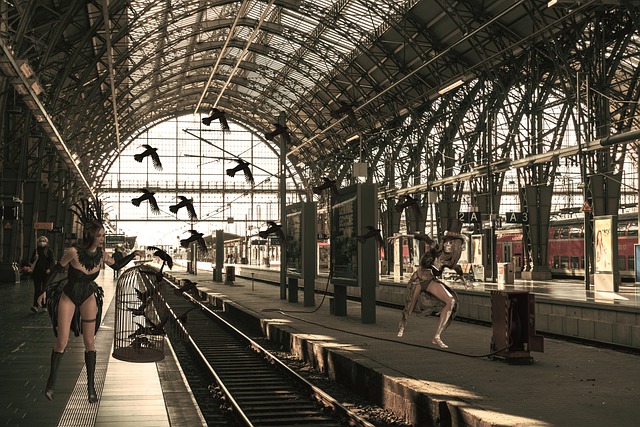 Free women birds railway station illustration